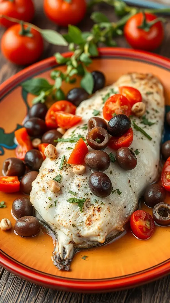A plate of Mediterranean Baked Halibut topped with cherry tomatoes, olives, and herbs.