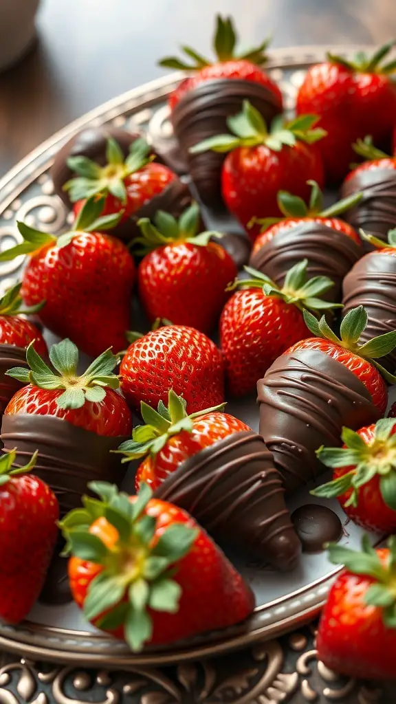 A platter of chocolate-dipped strawberries, some fully coated in chocolate and others drizzled with white chocolate.