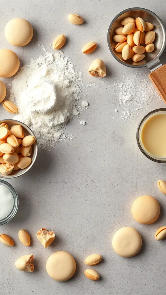 Ingredients for white chocolate macadamia nut cookies, including flour, eggs, and macadamia nuts.