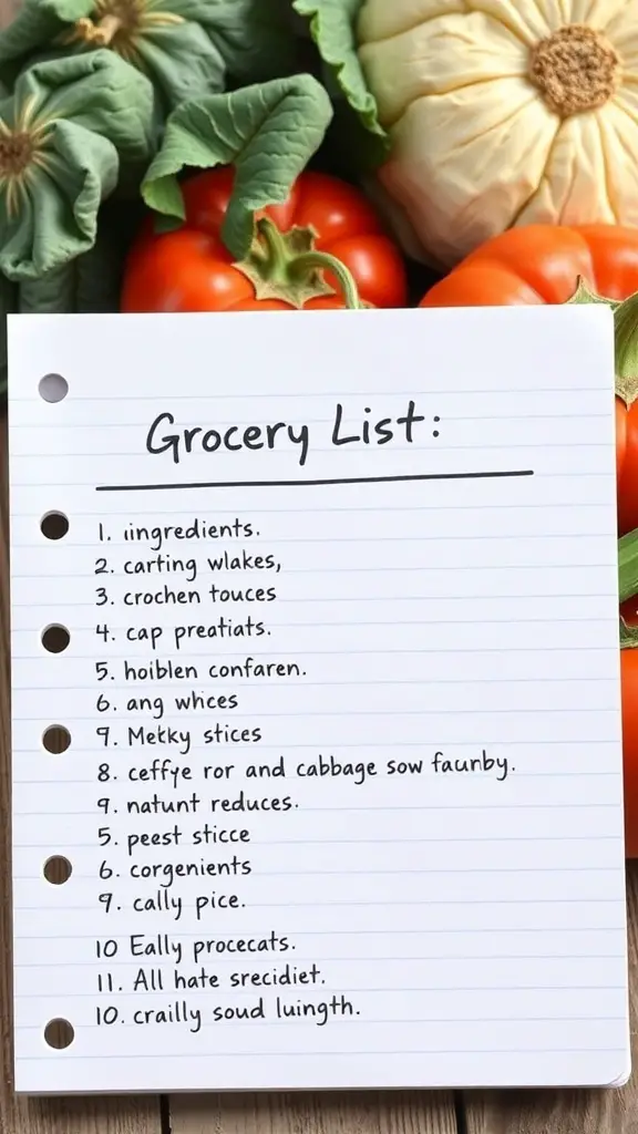 A grocery list for the cabbage soup diet with fresh vegetables in the background.