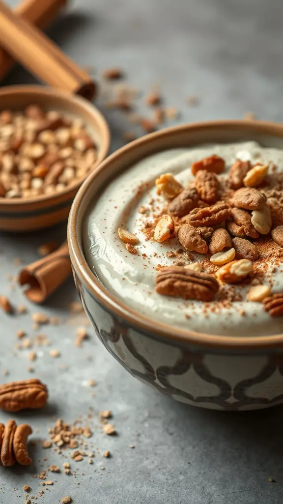 Bowl of cinnamon roll chia seed pudding topped with nuts and cinnamon