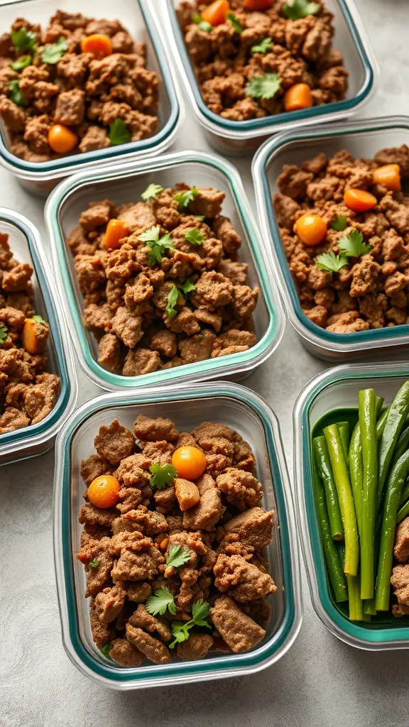 Meal prep containers filled with Mediterranean ground beef stir fry and garnished with herbs and tomatoes.