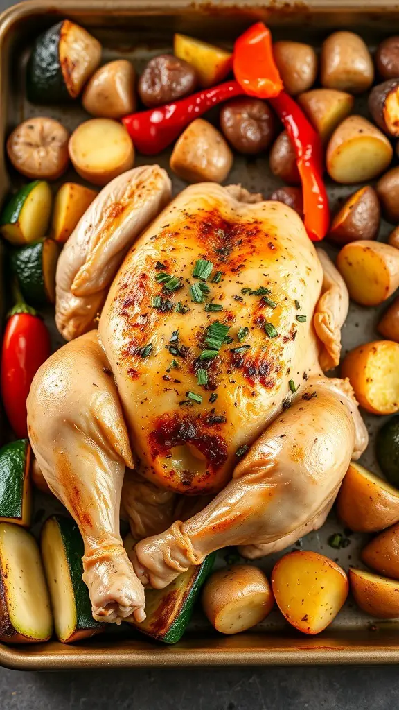 A whole roasted chicken surrounded by colorful vegetables on a baking tray.