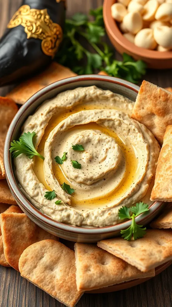 A bowl of Baba Ganoush surrounded by pita chips and garnished with herbs