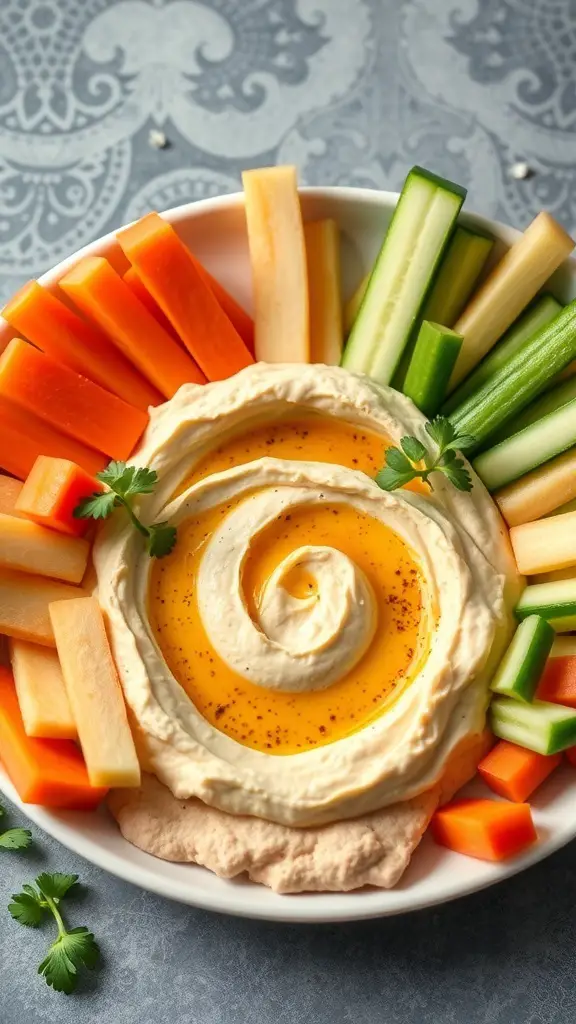 A plate of hummus surrounded by colorful veggie sticks including carrots, cucumbers, and bell peppers.