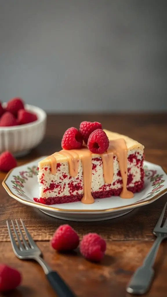 Slice of rich red velvet cheesecake topped with raspberries and caramel sauce