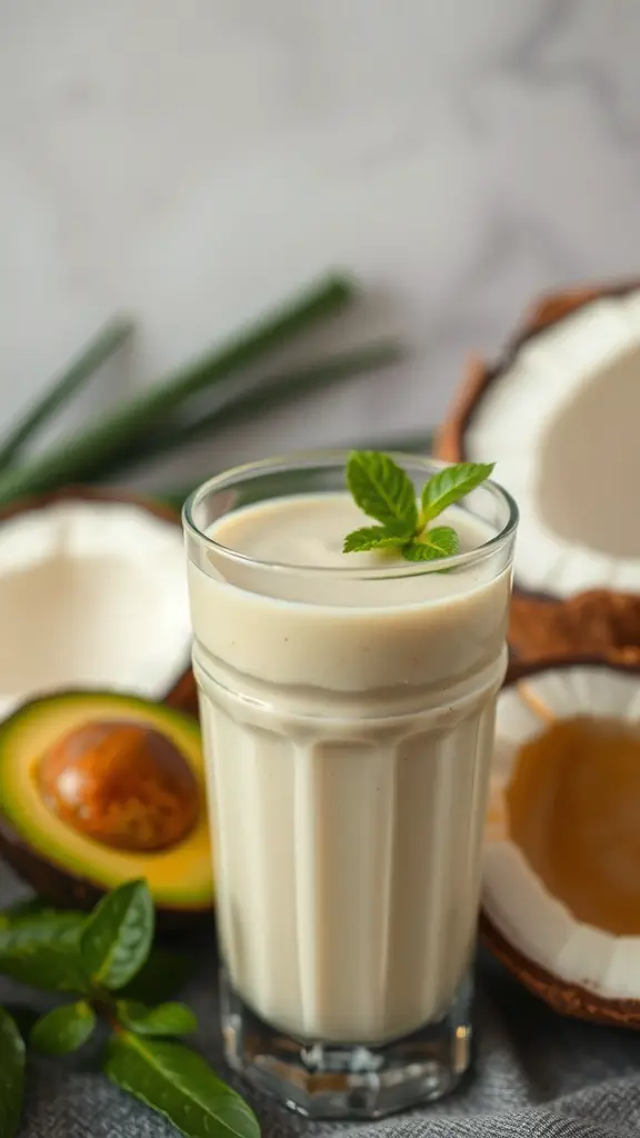 A glass of Coconut Avocado Smoothie with fresh avocado and coconut around it.