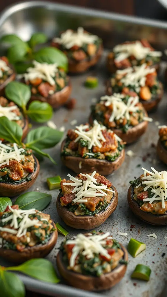 A tray of beef and spinach stuffed mushrooms topped with cheese.