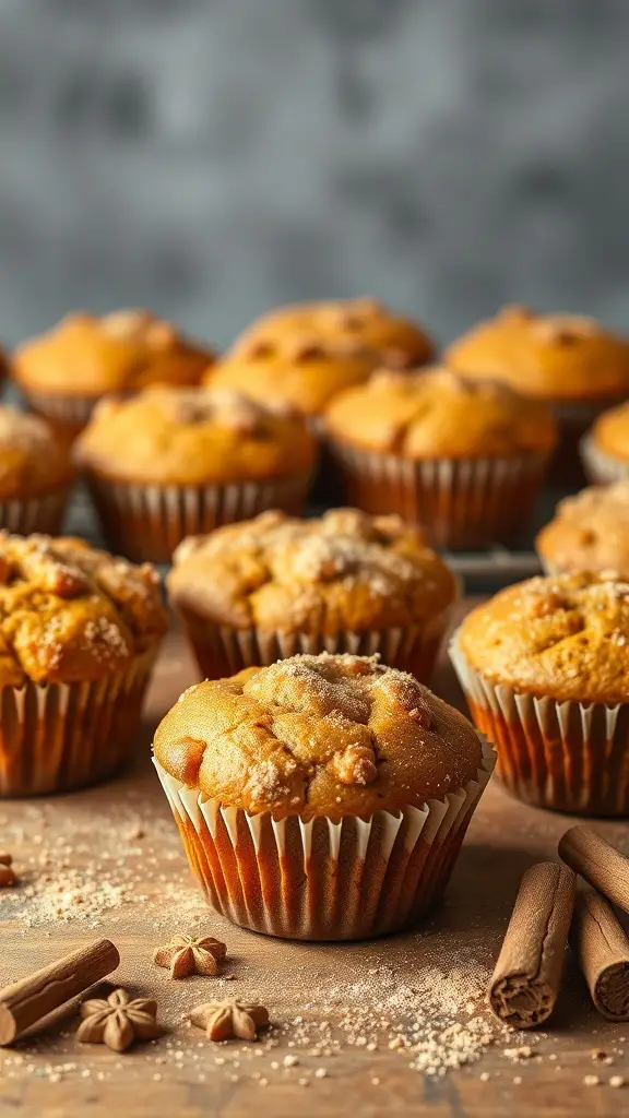 A batch of freshly baked Keto Pumpkin Spice Muffins with a sprinkle of cinnamon on top.