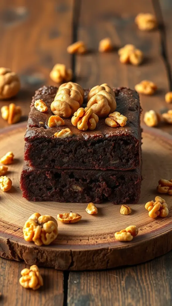Delicious classic brownies topped with walnuts on a wooden plate.