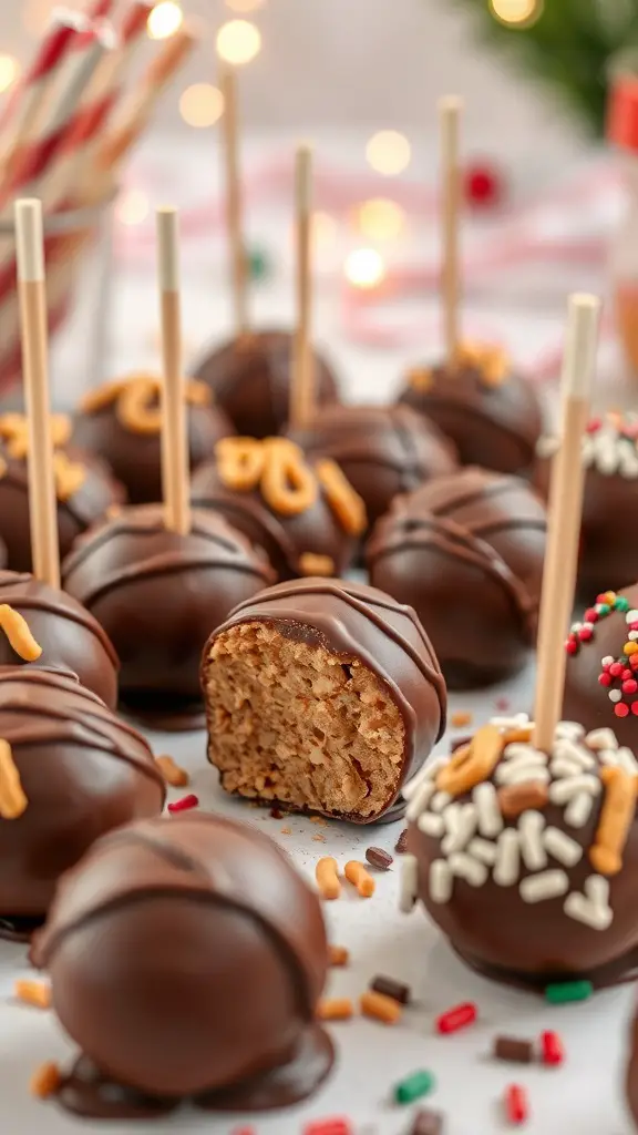 A variety of chocolate dipped peanut butter balls, some topped with sprinkles and pretzels, on a festive background.