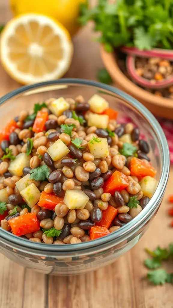 A bowl of Mediterranean Lentil Salad with colorful vegetables and lemon dressing