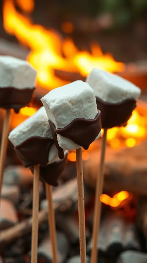 Chocolate dipped marshmallows on sticks with a campfire in the background
