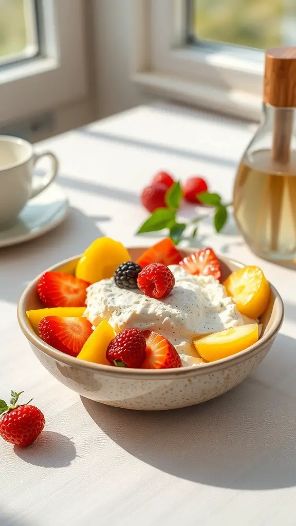 A bowl of cottage cheese topped with fresh fruit including strawberries, raspberries, and peaches, with a cup of coffee in the background.