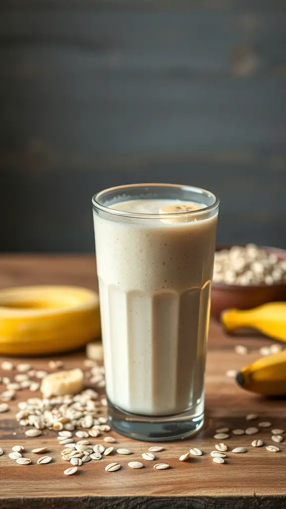 A glass of banana oatmeal smoothie with bananas and oats scattered around