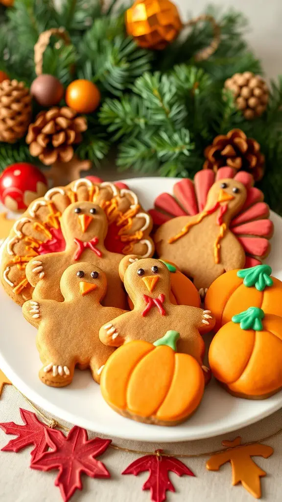 A plate of gingerbread cookies shaped like turkeys and pumpkins, decorated with colorful royal icing, surrounded by festive autumn decorations.