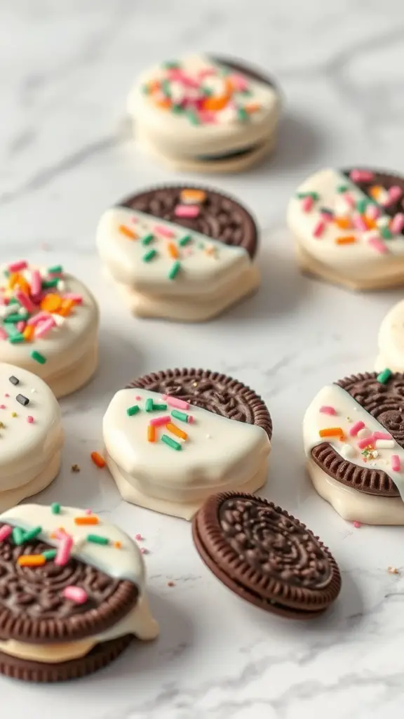 Chocolate dipped Oreos with colorful sprinkles on a marble surface