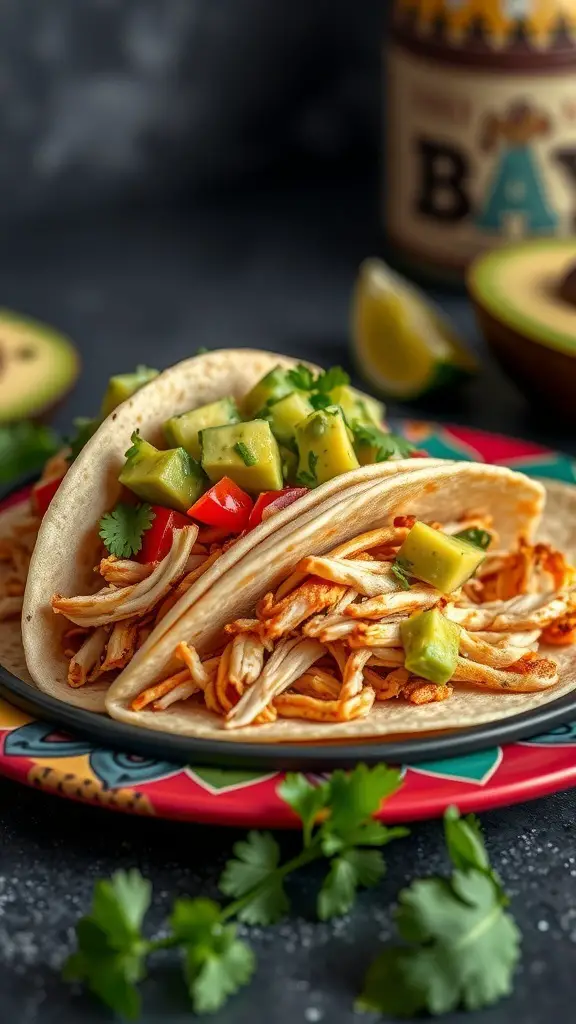 Delicious chicken tacos topped with avocado salsa on a colorful plate.