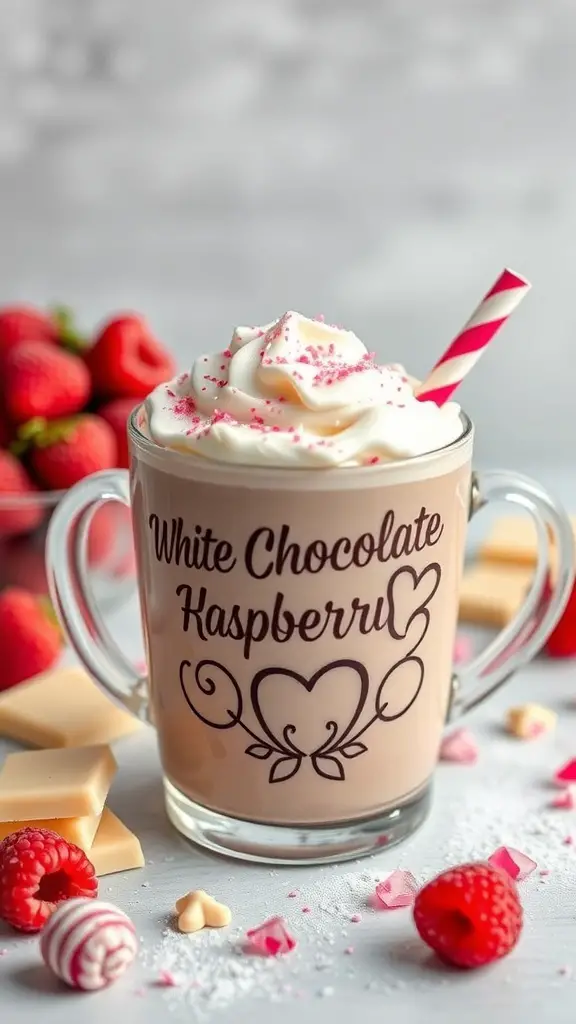 A cup of white chocolate raspberry hot chocolate topped with whipped cream and sprinkles, surrounded by fresh raspberries and white chocolate pieces.