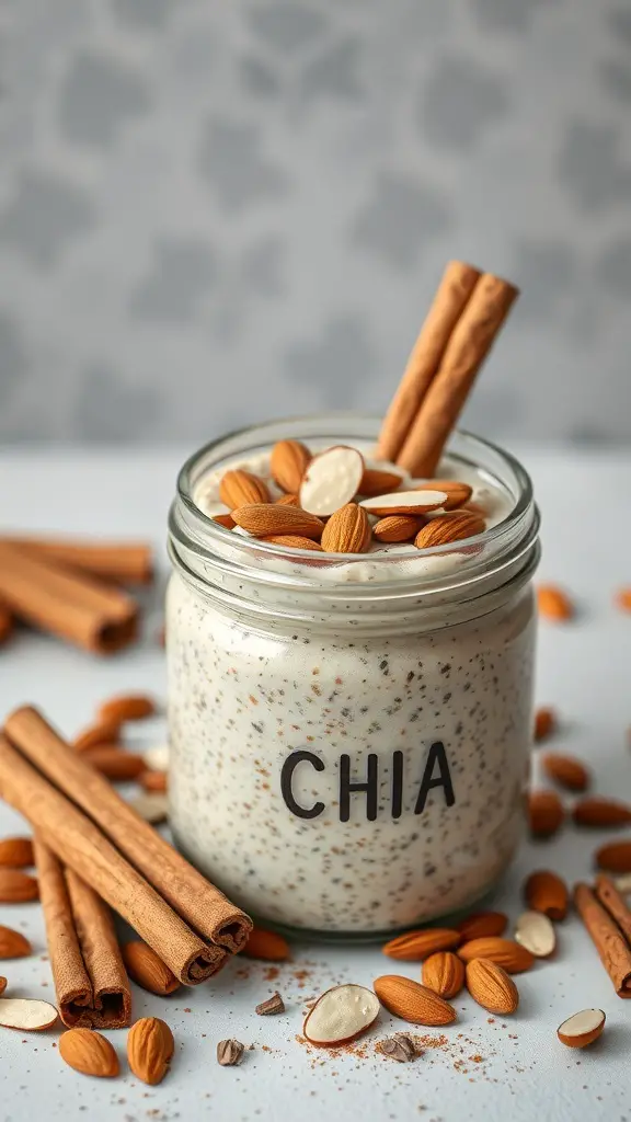 A jar of cinnamon spiced chia pudding topped with almonds and cinnamon sticks