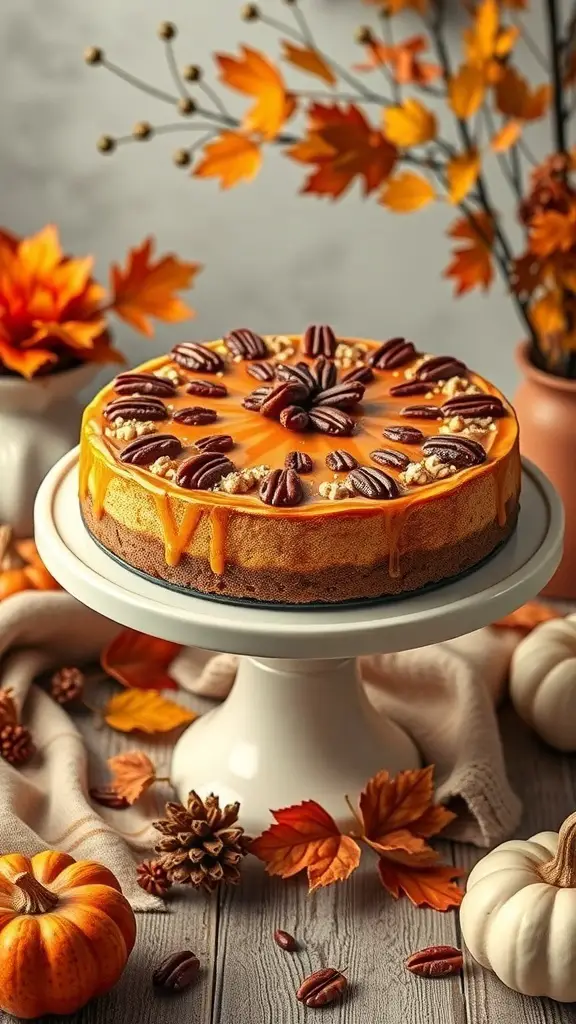 A beautifully decorated Caramel Pecan Cheesecake surrounded by autumn leaves and pumpkins.