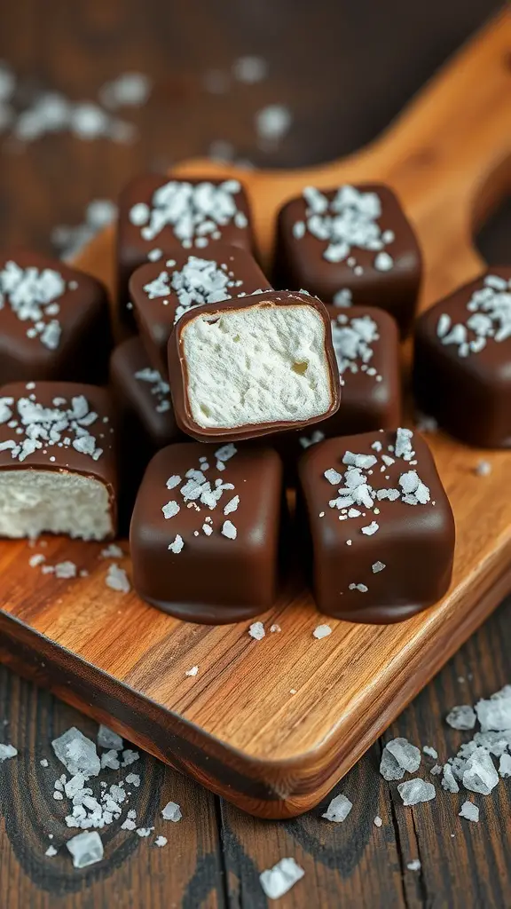 Chocolate-covered marshmallows topped with sea salt on a wooden board