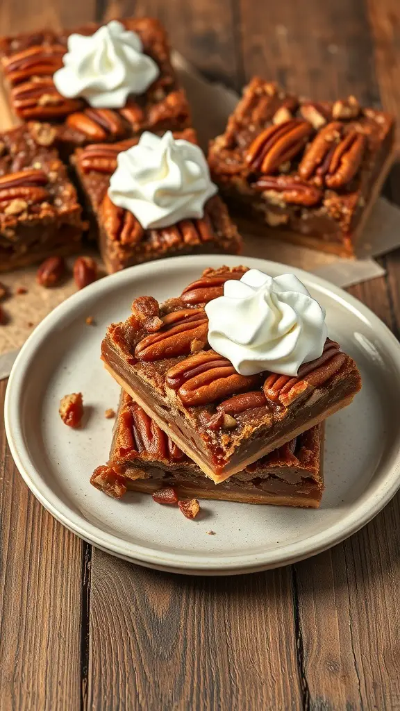 Pecan pie bars topped with whipped cream and pecans on a wooden table.