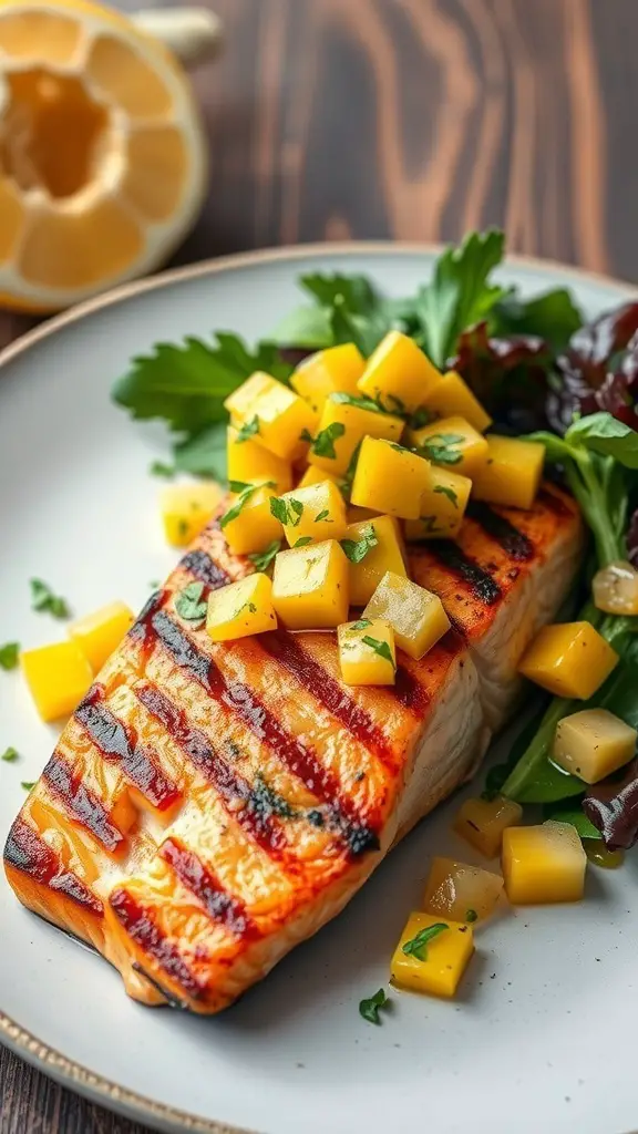 Grilled salmon topped with mango salsa on a plate with greens and a lemon in the background.
