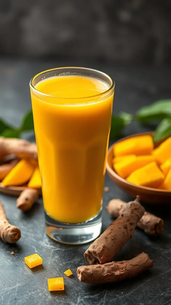A glass of vibrant mango turmeric drink with fresh mango pieces and turmeric roots around it.