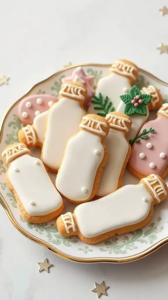 A plate of decorated baby bottle cookies in pastel colors.