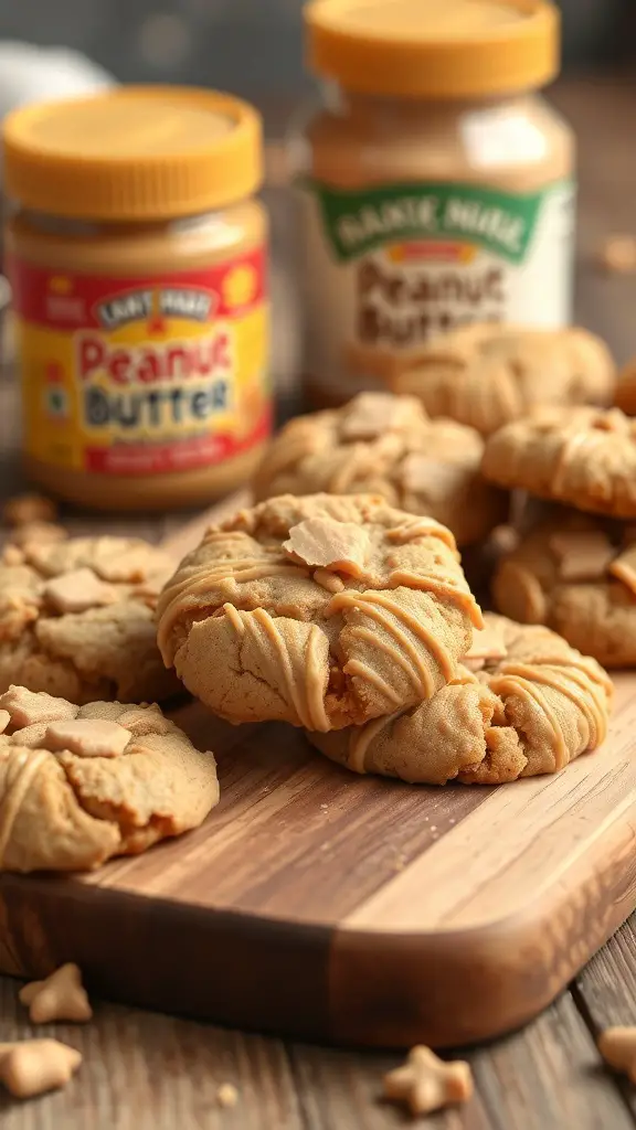 Chewy toffee peanut butter cookies on a wooden board with jars of peanut butter in the background.