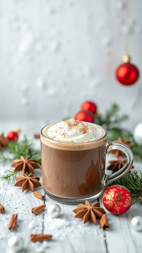 A cozy cup of holiday spice hot chocolate with whipped cream, surrounded by festive decorations.