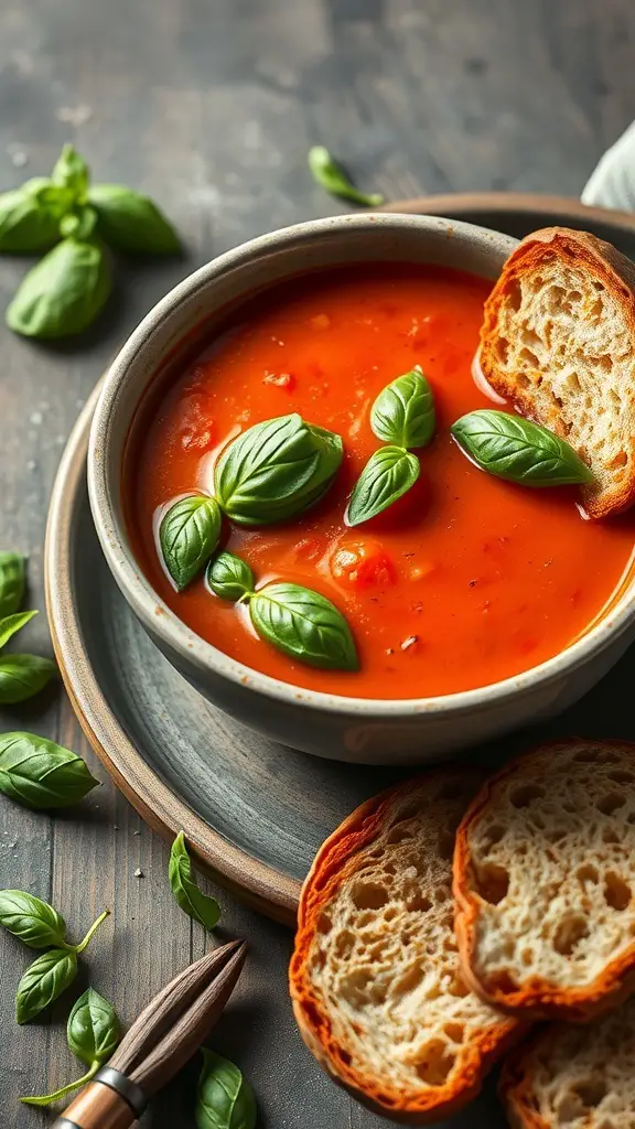 A bowl of spicy tomato basil soup garnished with fresh basil leaves and accompanied by slices of toasted bread.