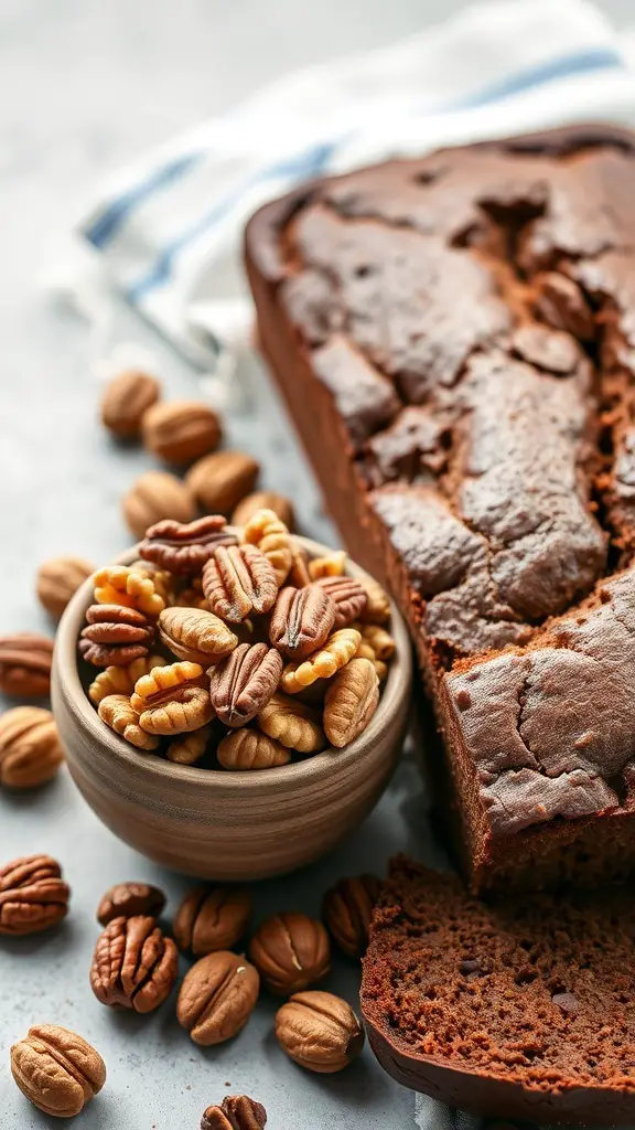 A loaf of chocolate banana bread with a bowl of mixed nuts, including pecans and walnuts, on a countertop.
