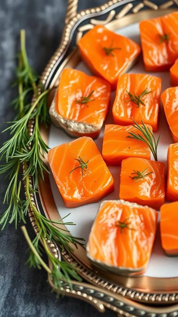 A platter of smoked salmon bites garnished with fresh herbs.