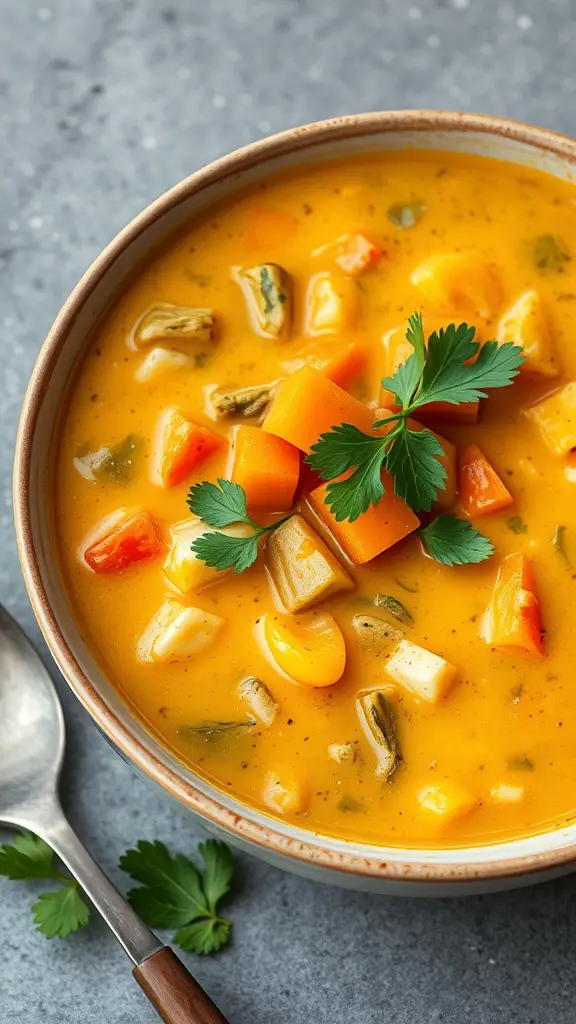 Bowl of Coconut Curry Vegetable Soup with colorful vegetables and garnished with cilantro
