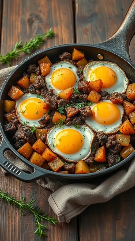 A skillet filled with beef breakfast hash featuring eggs, diced potatoes, and herbs.