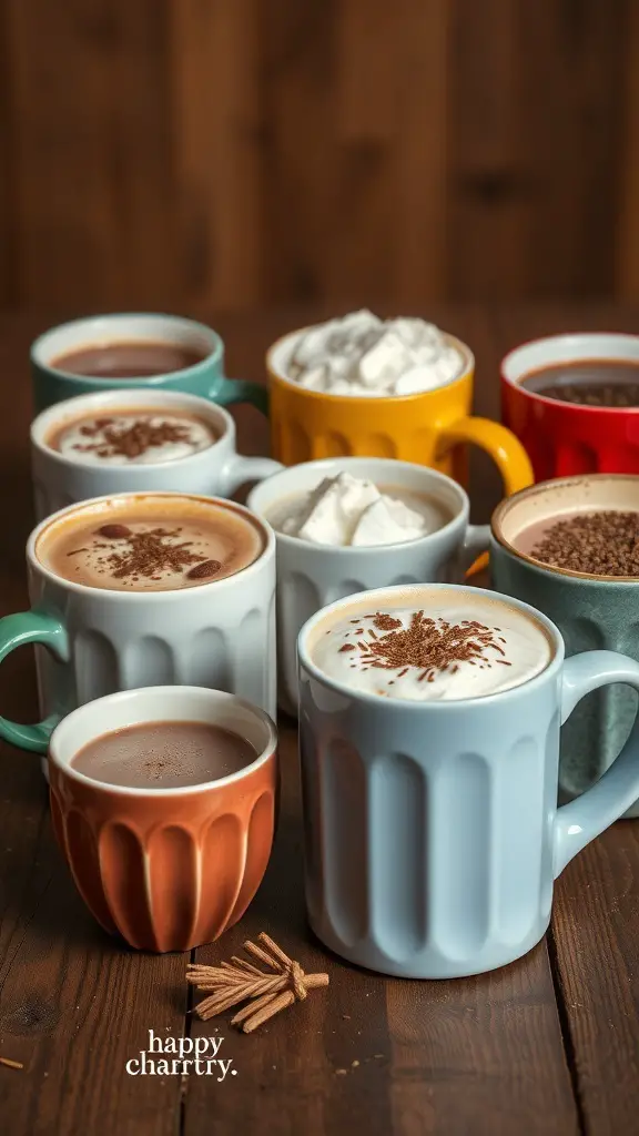 A selection of colorful mugs filled with hot cocoa, topped with whipped cream and chocolate sprinkles.