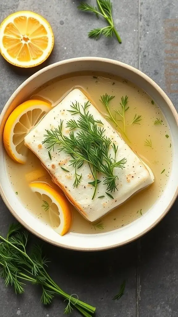 A bowl of poached haddock garnished with dill and lemon slices in a light broth.