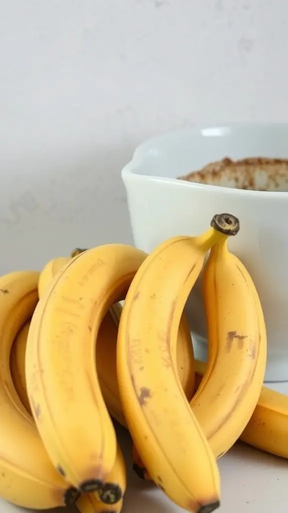 A bunch of ripe bananas next to a bowl of ingredients for baking.