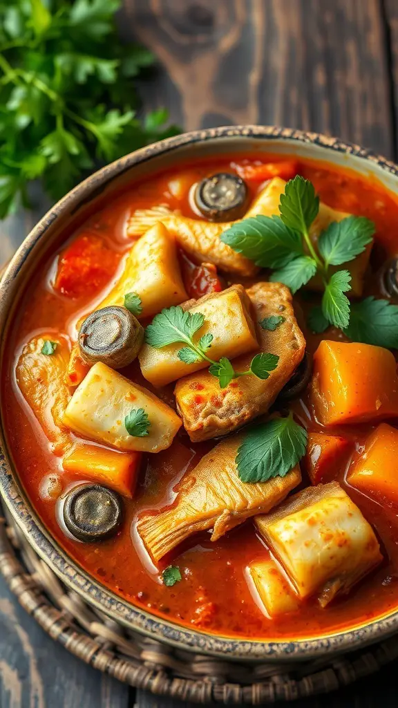 A bowl of spicy catfish stew with vegetables, garnished with parsley.