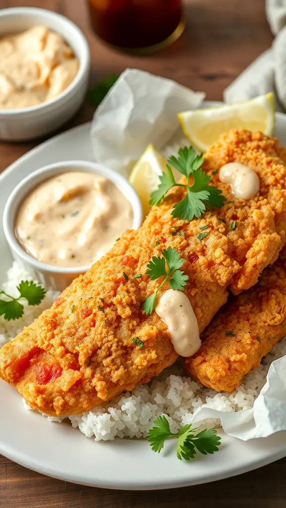 Crispy Cajun fried fish fillets served with remoulade sauce and lemon wedges on a plate.