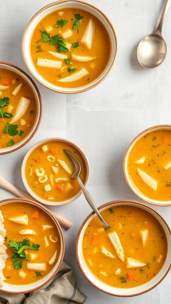 A variety of bowls filled with colorful cabbage soup, garnished with herbs.
