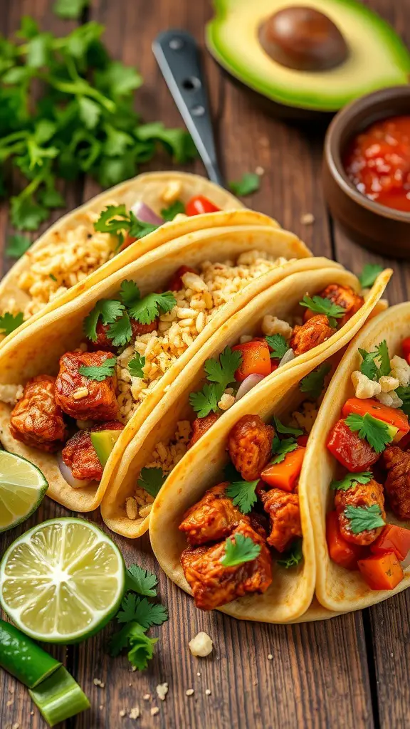 Three spicy BBQ chicken tacos with toppings on a wooden table