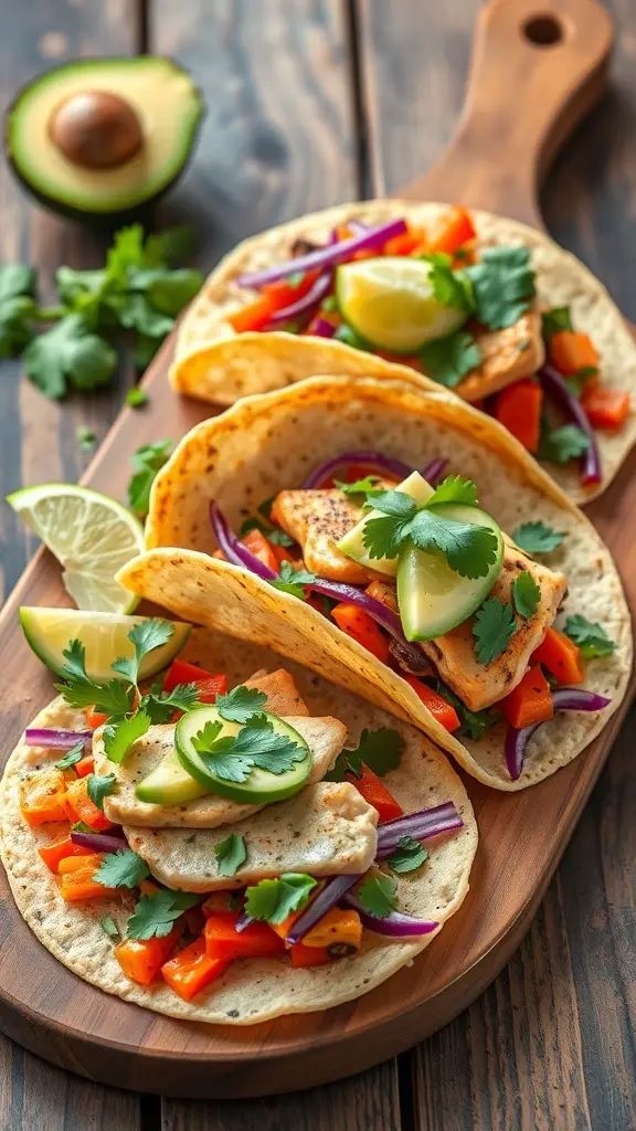 Three fish and vegetable tacos on a wooden board, garnished with lime and cilantro.