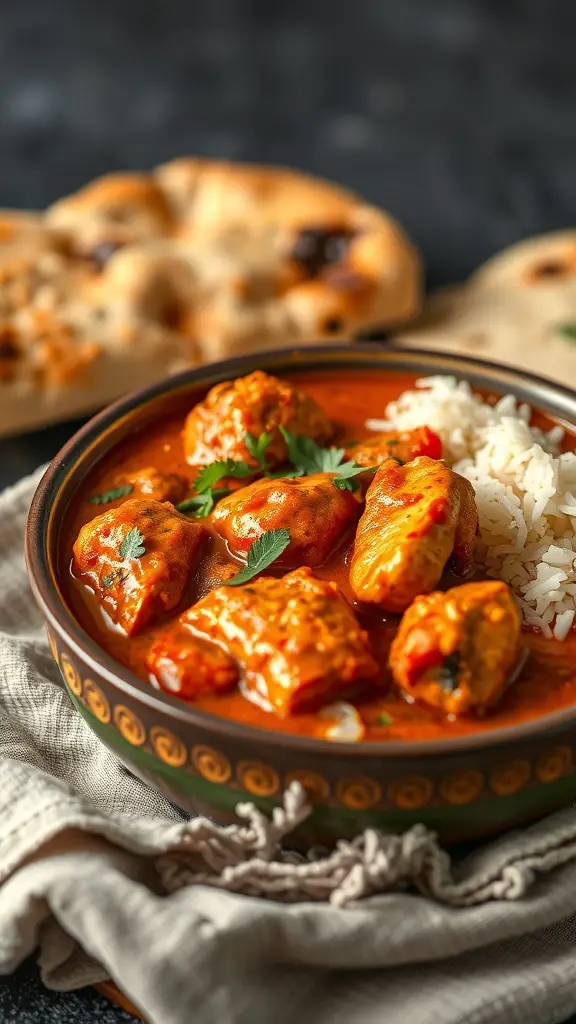 A bowl of Chicken Tikka Masala with rice and naan