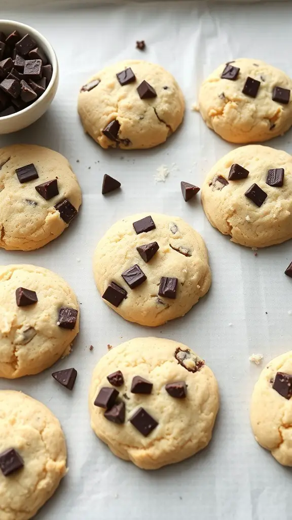 Coconut flour cookies topped with dark chocolate chunks on a baking sheet.