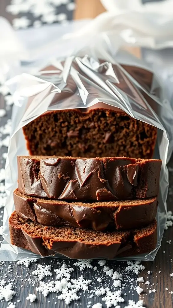 Chocolate banana bread wrapped in plastic, with slices visible