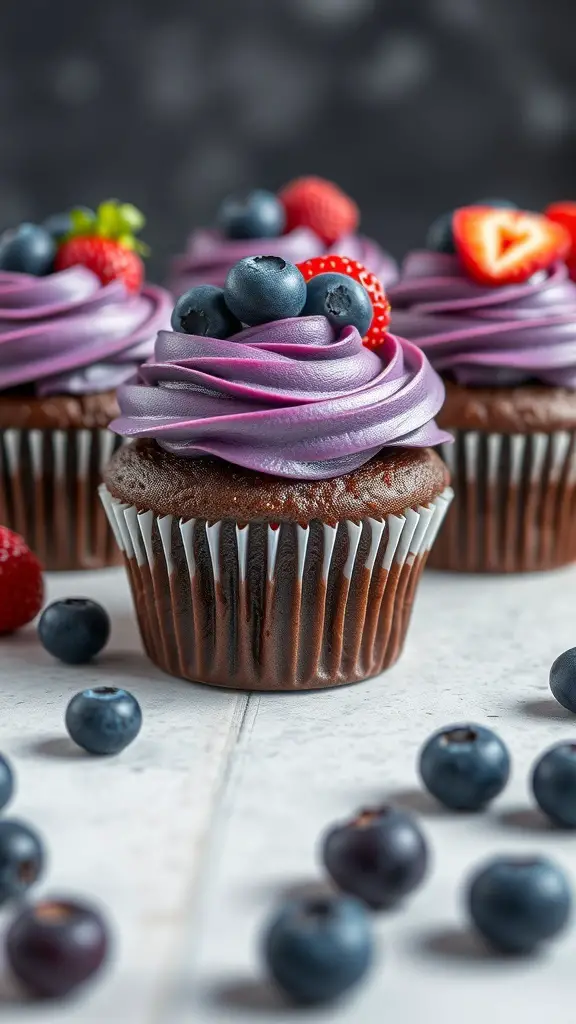 Chocolate cupcakes with purple blueberry frosting topped with fresh blueberries and strawberries
