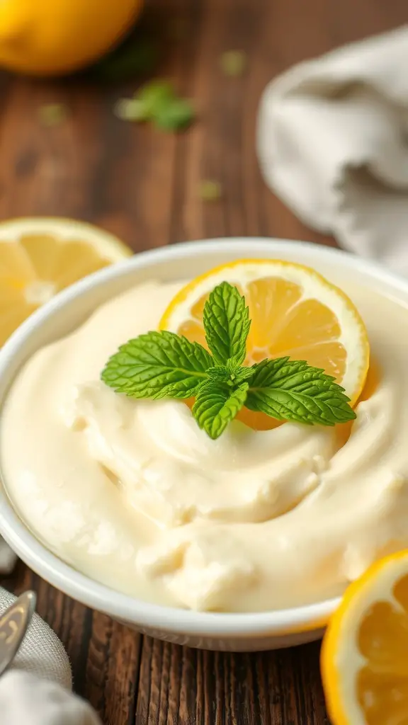 A bowl of lemon cottage cheese pudding topped with a lemon slice and mint leaves.